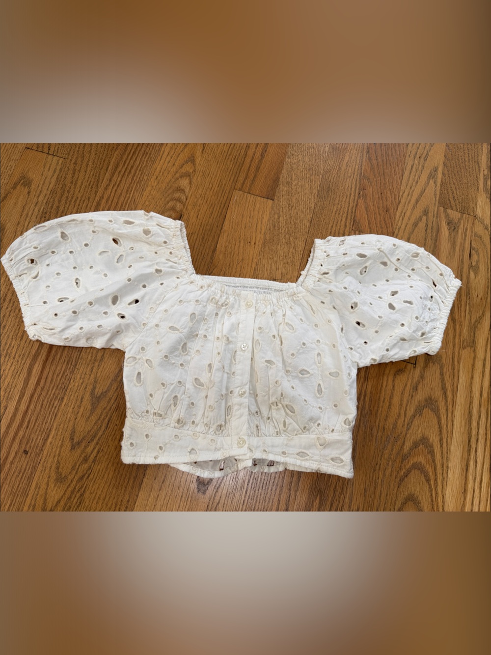 Zara White Eyelet Puff-Sleeve Crop Blouse